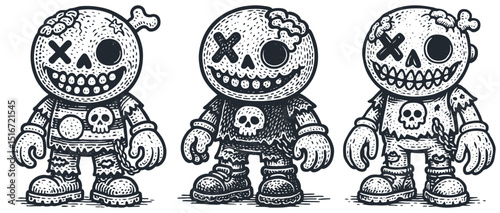 Monochrome vector set of three creepy-cute zombie or monster characters. Sketch style with X-eyes, skull details, and tattered outfits. Grunge texture.