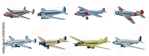 Vintage Civil Planes. Passenger and Cargo Aircraft. Vector cliparts isolated on white.