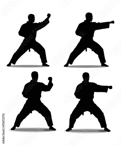 Four Silhouettes of Karate Fighters in Dynamic Poses