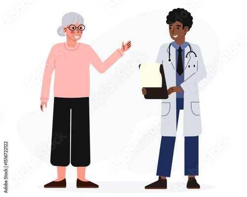 Elderly woman talking to African American doctor - flat design illustration with cartoon characters. A pensioner talks to a doctor, receiving advice. Medical care and consultation, treatment concept.