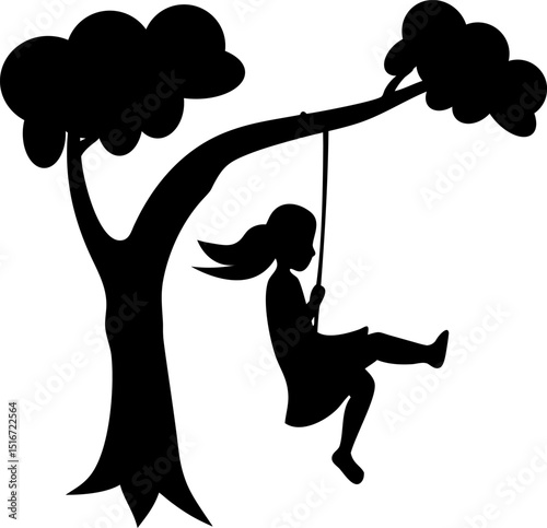 girl swinging on rope from tree.eps