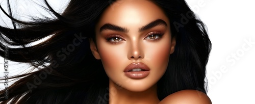 A beautiful dark-skinned woman with long, straight hair, a highly detailed face, a beauty makeup look, a white background. Generative AI.