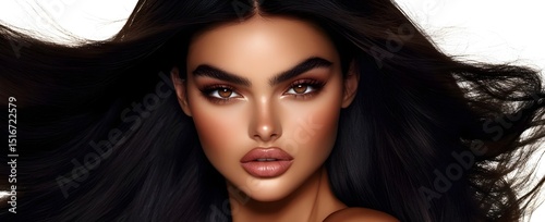 A beautiful dark-skinned woman with long, straight hair, a highly detailed face, a beauty makeup look, a white background. Generative AI.