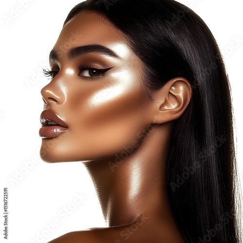 A beautiful dark-skinned woman with long, straight hair, a highly detailed face, a beauty makeup look, a white background. Generative AI.