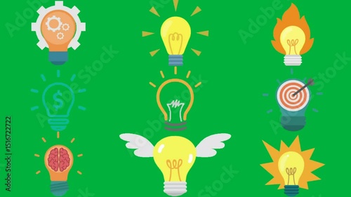 green screen white background light bulb gears inside it arrow middle brain angel wings yellow silhouette person small object image dart animated chromakey background.
