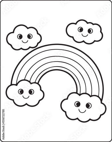 Coloring page for kids of cute rainbow with clouds in sky beautiful scenery line art vector for children coloring book