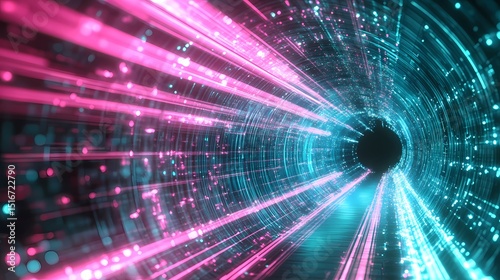 Cyber Tunnel Visualization: A dynamic depiction of data flow within a digital passage, using vibrant pink and teal neon light streams.