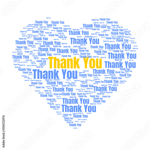 Heart-shaped word collage containing 'Thank You' messages in blue and yellow, symbolizing gratitude and appreciation, suitable for greeting cards, thank you notes, or celebratory designs.