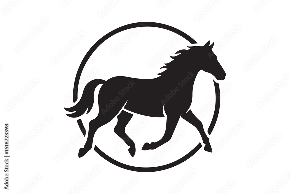Fototapeta premium Dynamic black horse silhouette vector illustration of a wild stallion galloping with flowing mane, perfect for equestrian and nature-inspired designs
