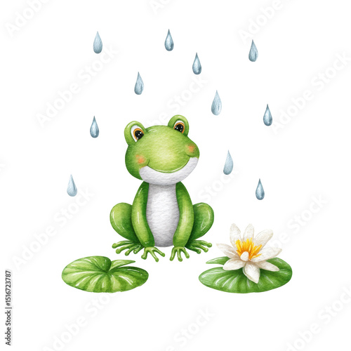 Happy green frog isolated on transparent background with water drops and lily pads
