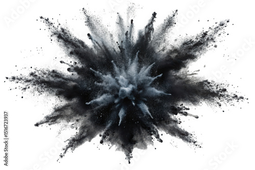 An explosion of black and gray powder creates an intense visual effect, showcasing the power and chaos of a burst. The high contrast emphasizes the dynamic movement.