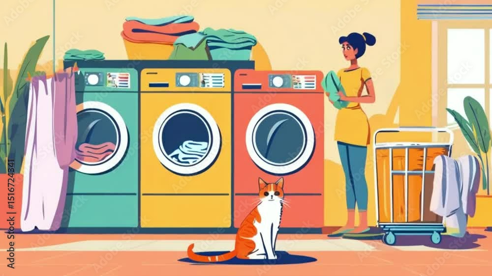 A laundry room scene with a woman, cat, laundry machines, and a laundry cart illustration style