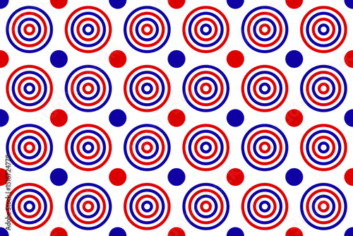 Seamless pattern of concentric red and blue circles with dots on white background. Perfect for retro, modern, or patriotic design themes.