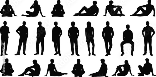 Vector silhouettes of sitting and standing people, male and female poses, for creative projects, presentations, illustrations, design, and artwork