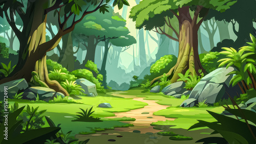 Cartoon forest path trees landscape nature green foliage scenic view