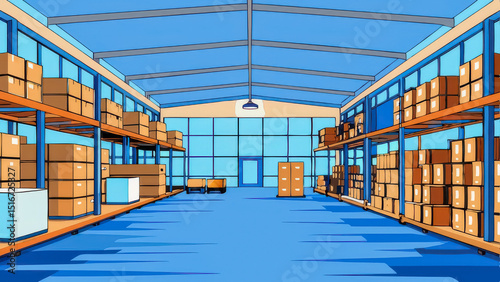 Cartoon warehouse storage boxes shelves distribution center interior