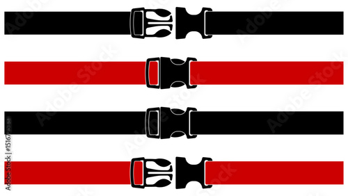 Open and closed black plastic backpack clasp locks with red and black strap, isolated on transparent background. Realistic strap fasteners for travel gear, bags, or outdoor use.