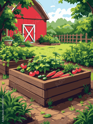 Vegetable Garden with Red Barn