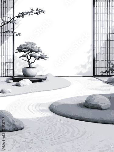 Zen Garden with Bonsai and Stones