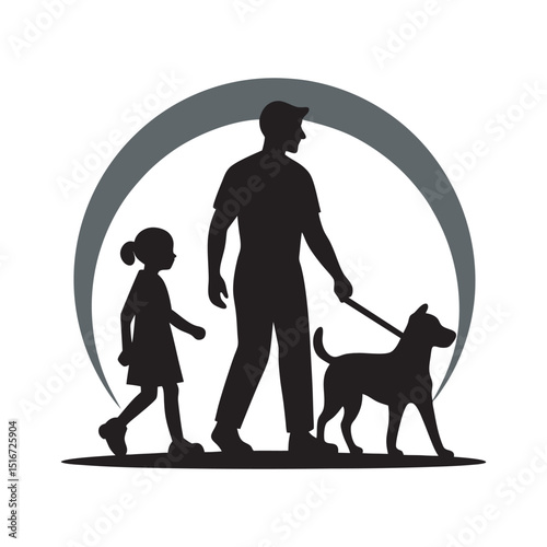 Family Walking Dog At Sunset Silhouette