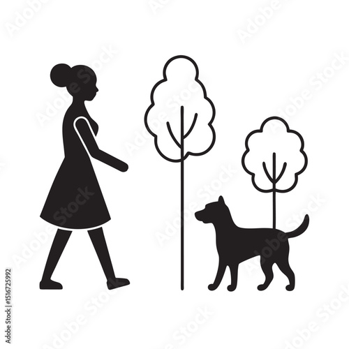 Woman Walking Dog Peacefully Silhouette