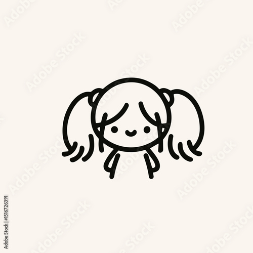 Cute cartoon girl with pigtails smiling in simple line art style  