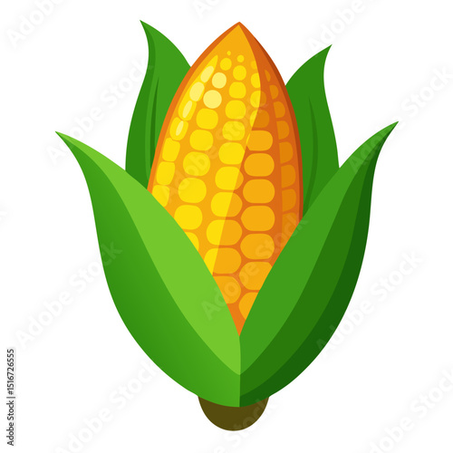 an ear of corn with bright yellow kernels arranged in neat rows on the cob, surrounded by vibrant green husks that are partially peeled back to reveal the golden corn inside.