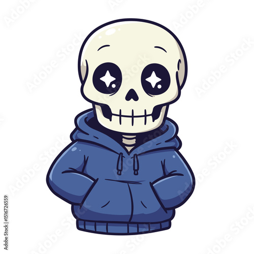 Cartoon skeleton character wearing blue hoodie with star eyes  