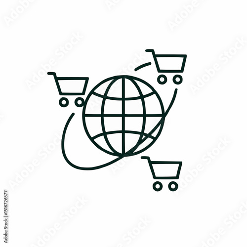 Outlined globe with small carts orbiting — global marketplace.
