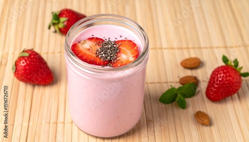 Wallpaper Mural Fresh Strawberry Almond Milk Smoothie with Chia Seeds in Glass Jar on Bamboo Mat Torontodigital.ca