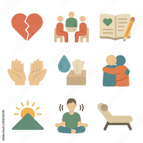 Emotional Healing Icons. Flat icon set of emotional healing after trauma: broken heart, support group,