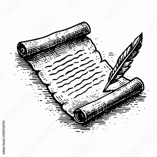 Ancient scroll with quill pen ready for writing on textured paper  