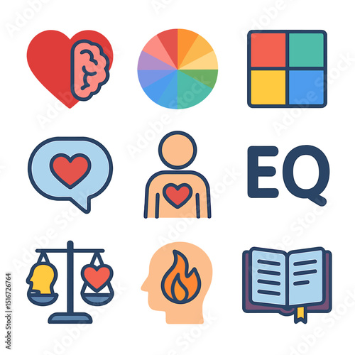 Emotional Literacy Icons. Flat icon set of emotional literacy icons: heart icon with brain, emotion wheel,