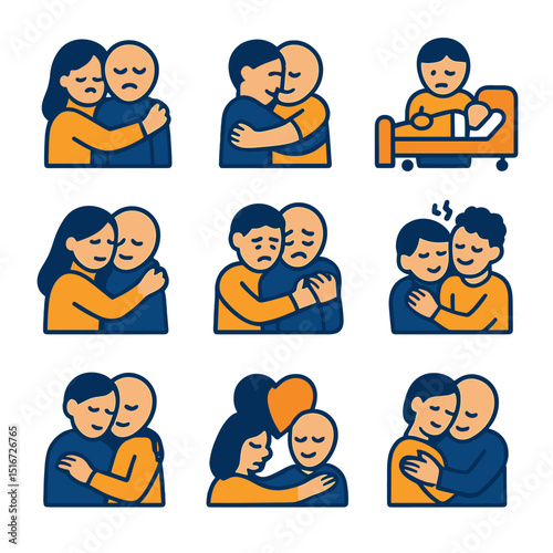 Emotional Healing Icons. Flat icon set of emotional healing through hugs: tearful hug, comforting squeeze,