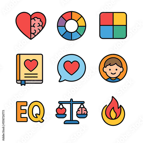 Emotional Literacy Icons. Flat icon set of emotional literacy icons: heart icon with brain, emotion wheel,