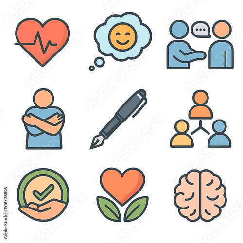 Emotional Well-Being Icons. Flat icon set of emotional well-being tools: heart with pulse, thought bubble with