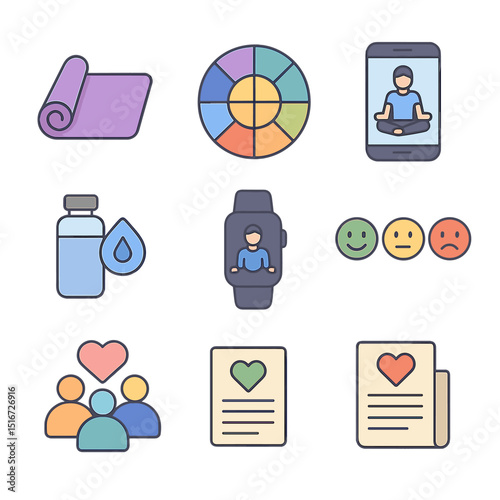 Employee Wellness Icons. Flat icon set of employee wellness programs: yoga mat, wellness wheel, guided