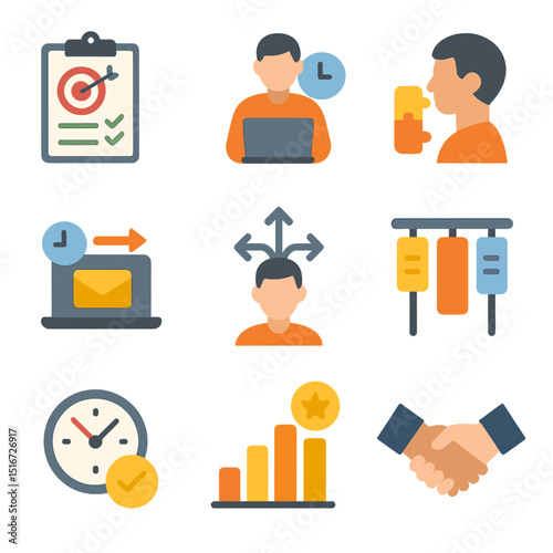 Employee Autonomy Icons. Flat icon set of employee autonomy: goal checklist, independent task icon,