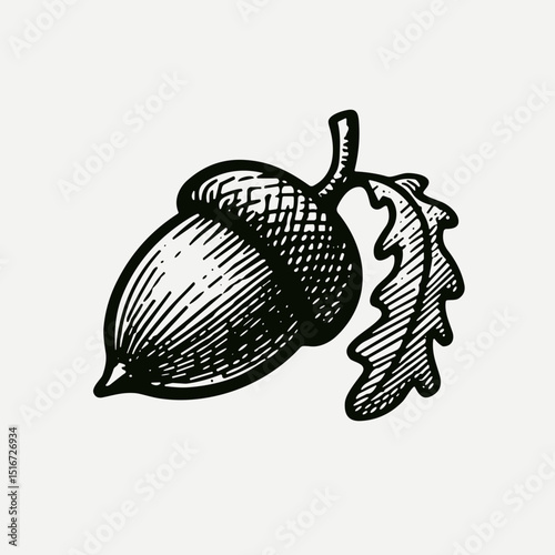 Acorn with leaf in hand-drawn illustration style  
