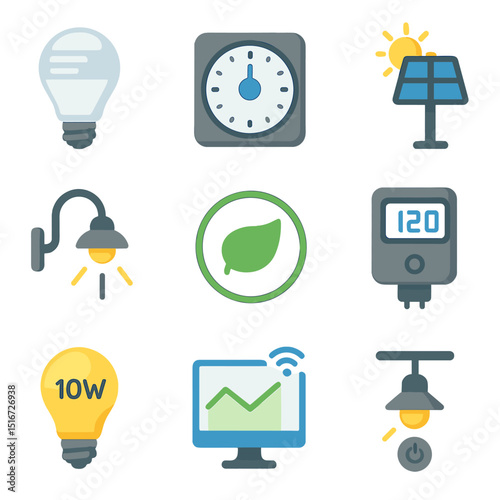 Energy-Efficient Icon Set. Flat icon set of energy-efficient lamp setups: LED bulb icon, timer switch,