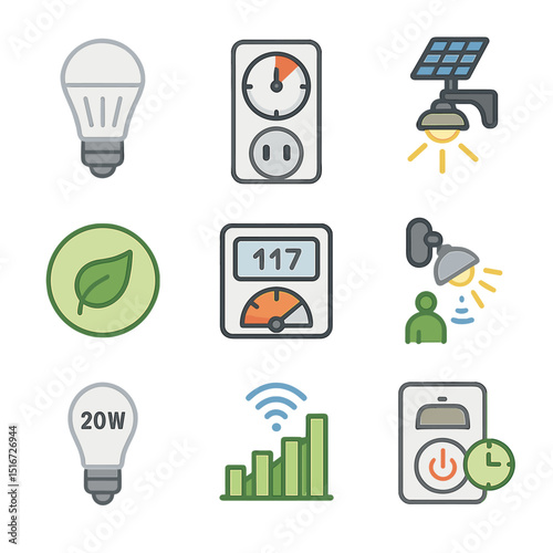Energy-Efficient Icon Set. Flat icon set of energy-efficient lamp setups: LED bulb icon, timer switch,