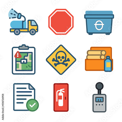 Environmental Safety Icons. Flat icon set of environmental and safety logistics: dust control sprayer,