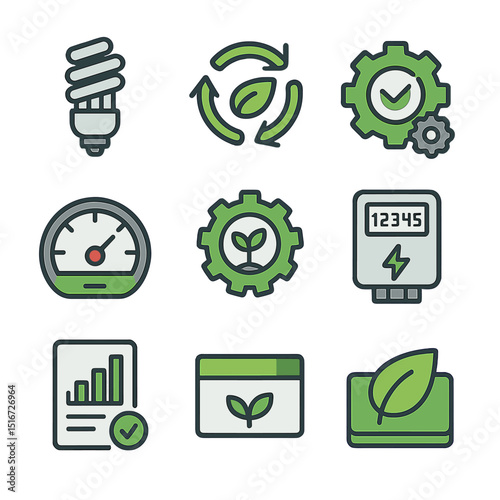 Energy Efficiency Icons. Flat icon set of energy and resource efficiency: energy-saving lightbulb, renewable