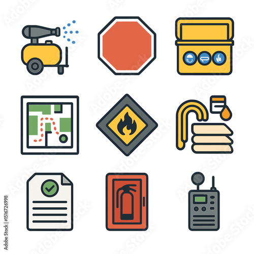 Environmental Safety Icons. Flat icon set of environmental and safety logistics: dust control sprayer,