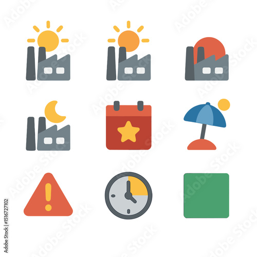Factory Work Shift Icons. Flat icon set of factory work shifts overview: morning sun icon, afternoon light,