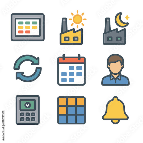 Factory Shift Icon Set. Flat icon set of factory shift schedule board: digital timetable, day shift icon,