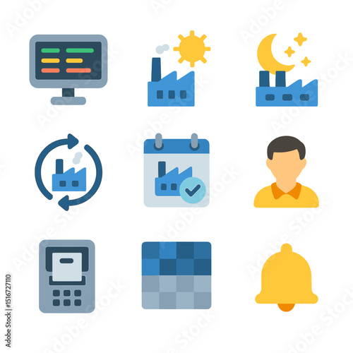 Factory Shift Icon Set. Flat icon set of factory shift schedule board: digital timetable, day shift icon,