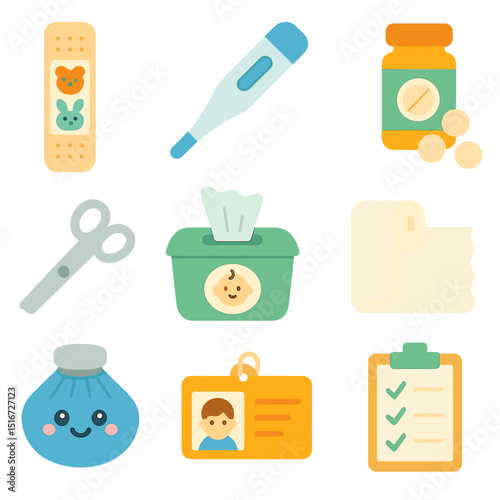 Family Car Aid Kit. Flat icon set of family-focused car first aid items: children’s bandages, child-safe