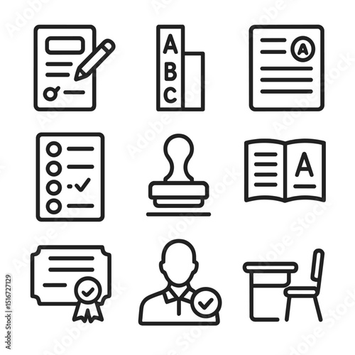 Assessment Icons Set. Outline icon set of summative assessment methods: exam paper, grading scale, report card, teacher stamp,