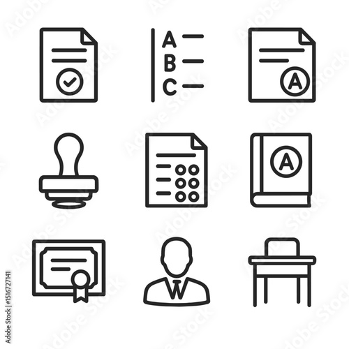 Assessment Icons Set. Outline icon set of summative assessment methods: exam paper, grading scale, report card, teacher stamp,